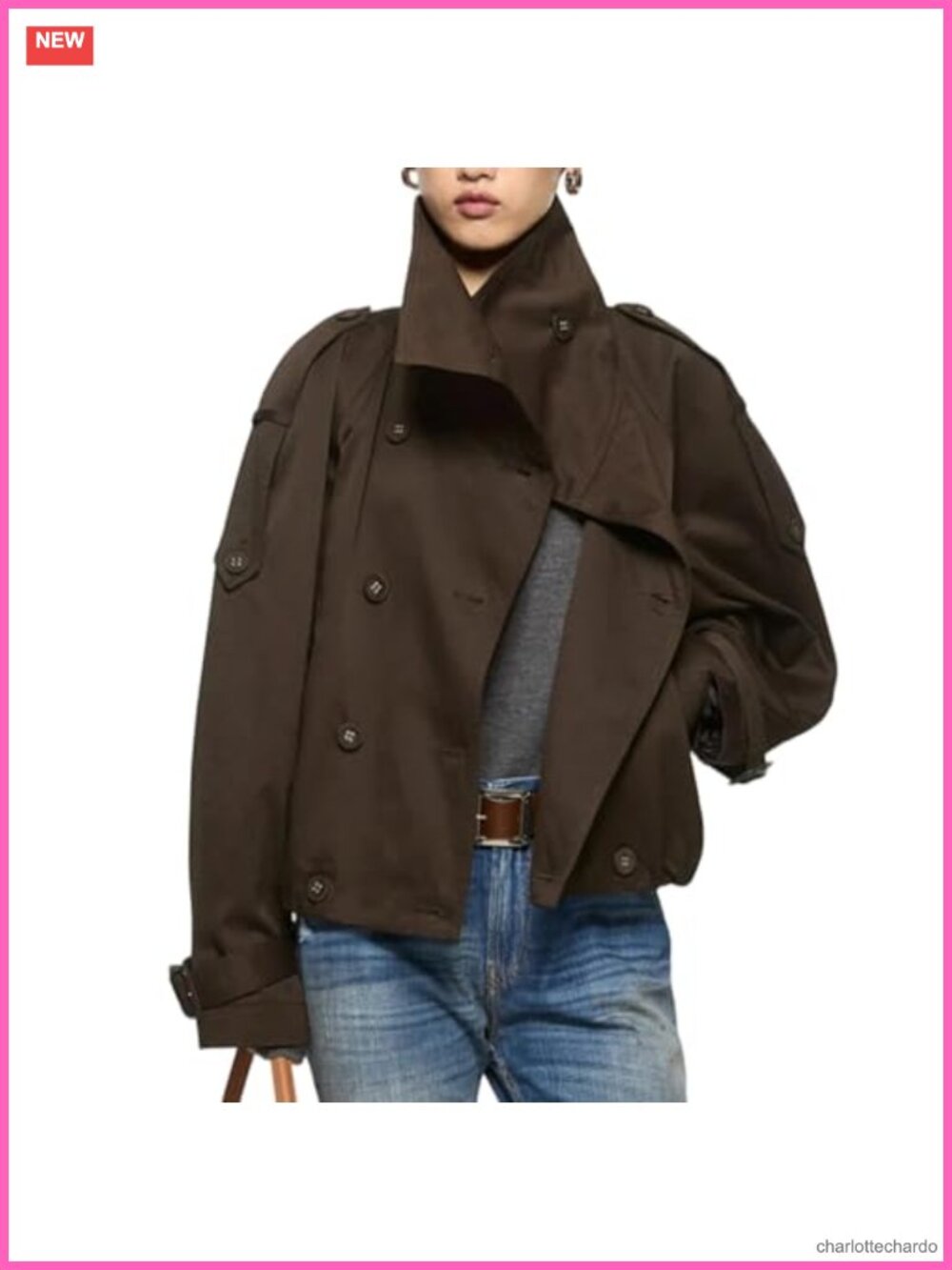 Women's Cropped Trench Coat Funnel Neck Double Breasted Pleated Hem Polyester
